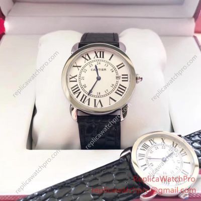 Swiss Quartz Replica Ronde Solo de Cartier SS Case Watch Black Leather